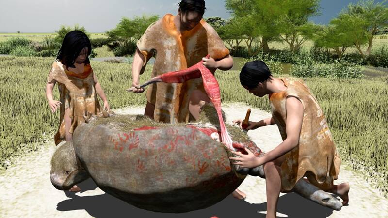 Representación 3D del momento en que los humanos carnearon al animal.