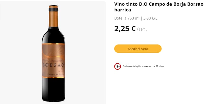 Vino tinto D.O Campo de Borja Borsao barrica. Fuente: Mercadona