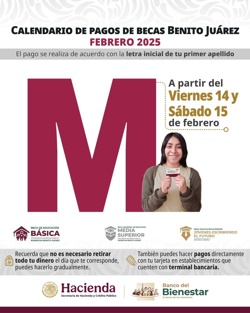 Cobros para el viernes 14 y sábado 15 de febrero. Fuente: Gobierno de México.