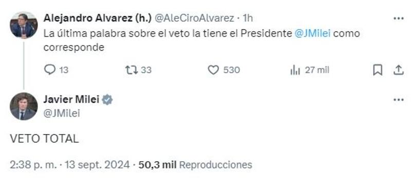 La respuesta de Milei a un usuario de la red X adelantando el veto.