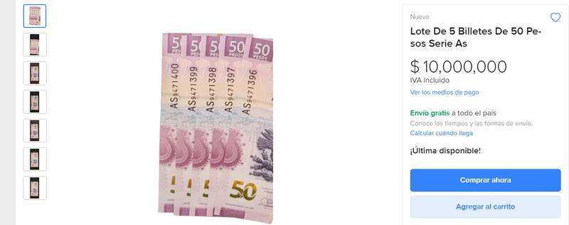 Los billetes con números de serie que comienzan con las letras "As" son los más buscados por los coleccionistas debido a su rareza. Foto: captura Mercado Libre