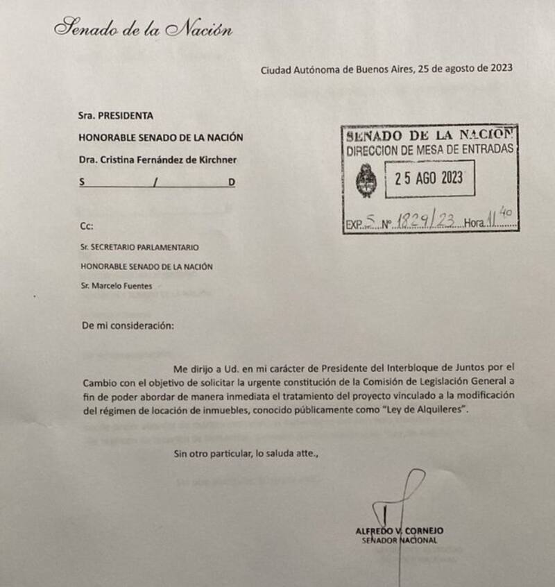 Cornejo le envió una nota a Cristina Kirchner.