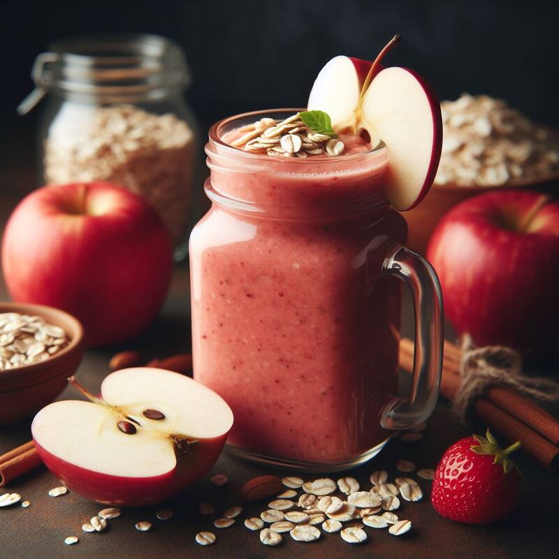 El licuado de manzana y avena aporta grandes beneficios para la salud, entre los que se incluye la reducción del colesterol. Foto: Generador de imágenes de Bing.