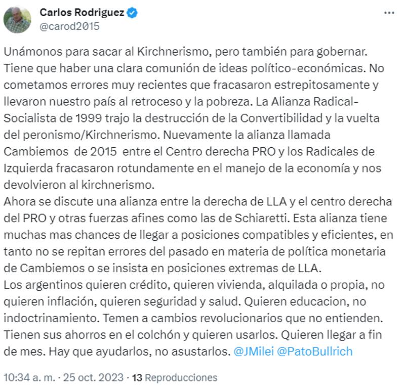 El tuit del jefe de asesores de Javier Milei pidiendo "clara comunión de las ideas".