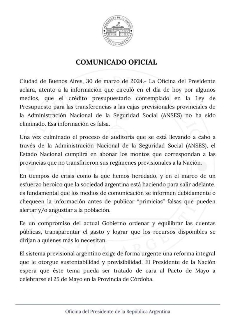 El comunicado de la presidencia