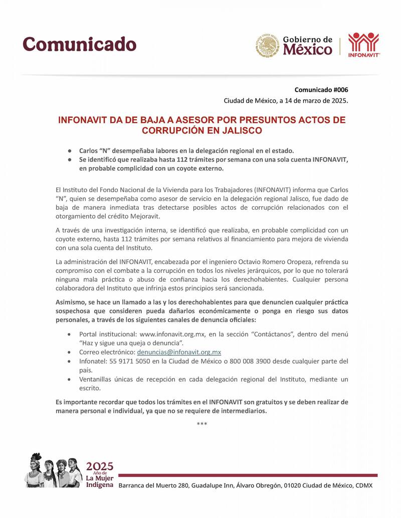 Corrupción al interior de Infonavit. Fuente: Infonavit.