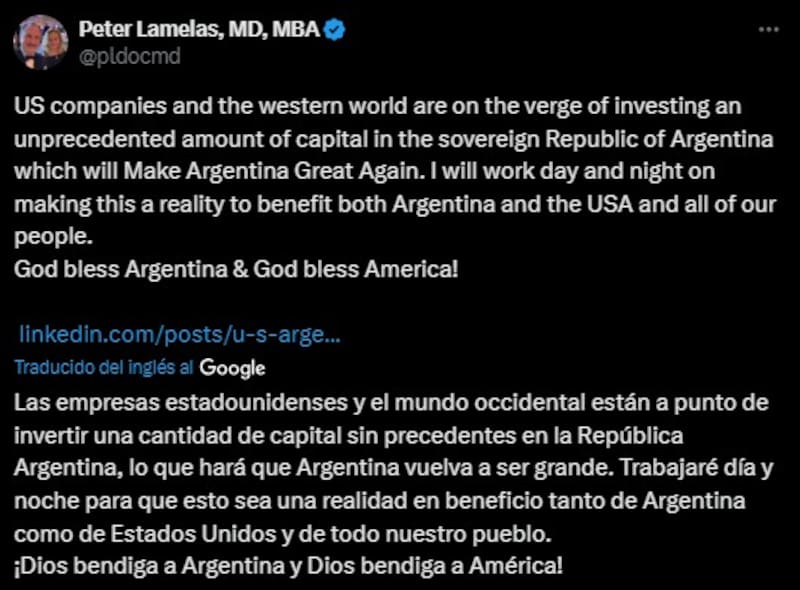 A través de un posteo en redes sociales, el embajador Peter Lamelas mostró su voluntad de hacer crecer a la Argentina, en la medida en que favorezca a los Estados Unidos (Fuente: Archivo).