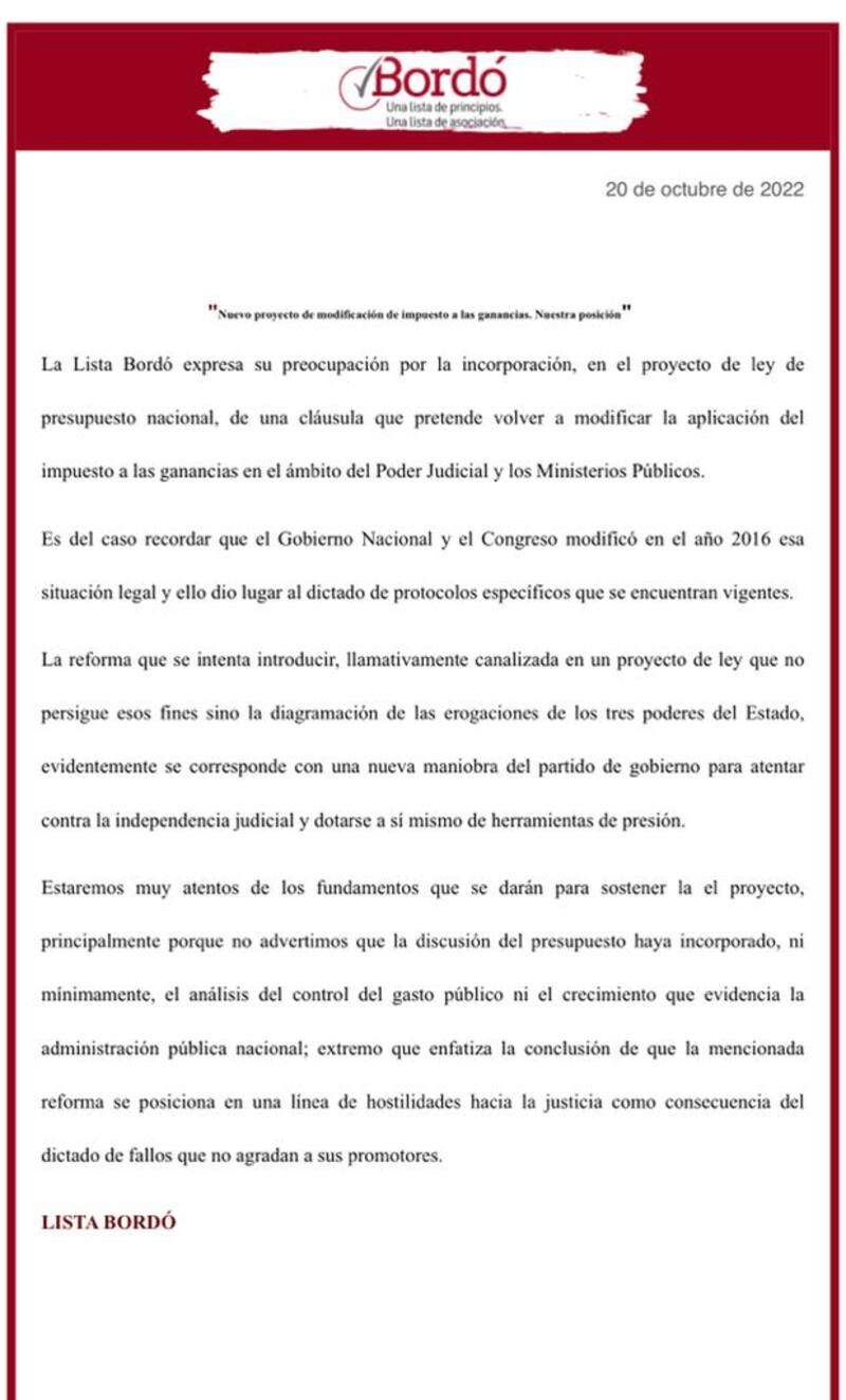 Los judiciales de la Lista Bordó, muy críticos con los cambios en el impuesto a las Ganancias.