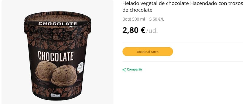 El helado de chocolate vegetal que está arrasando en las góndolas de Mercadona (Foto: captura de pantalla Mercadona Compras)
