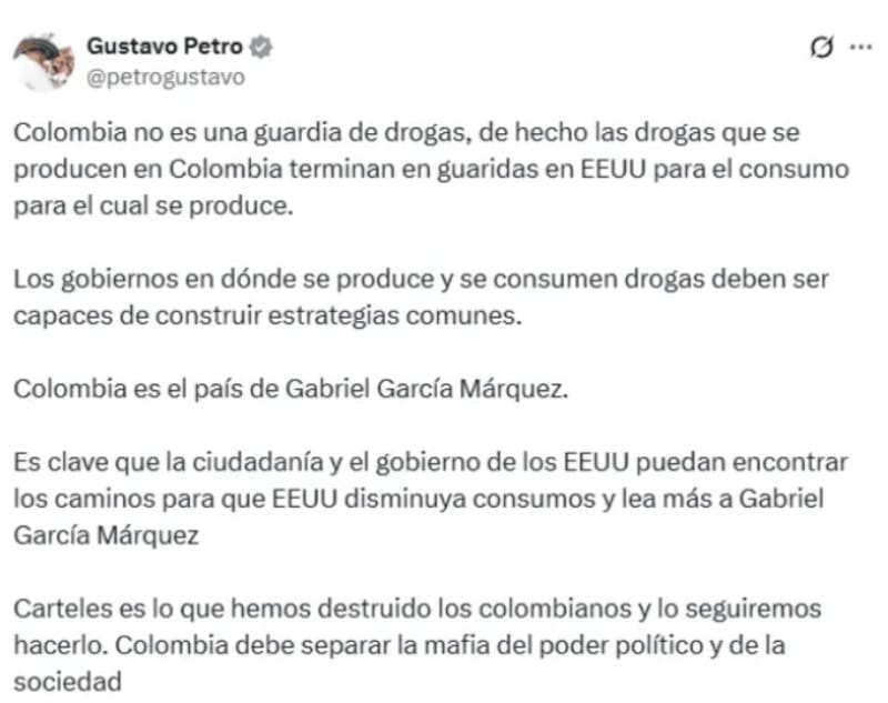 El presidente colombiano destacó que la producción de drogas en el país está dirigida a mercados extranjeros y reafirmó la lucha contra los carteles. (Fuente: vía X)