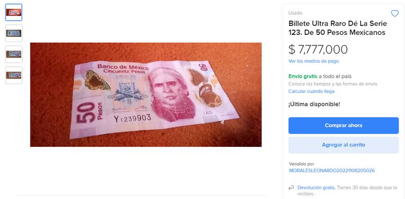 La estilización prehispánica del estado de Michoacán en el billete de 50 pesos rinde homenaje a la cultura indígena. Foto: Captura Mercado Libre