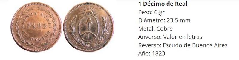 Moneda argentina de 1 Décimo Real 1823. (Foto: billetesargentinos.com.ar)