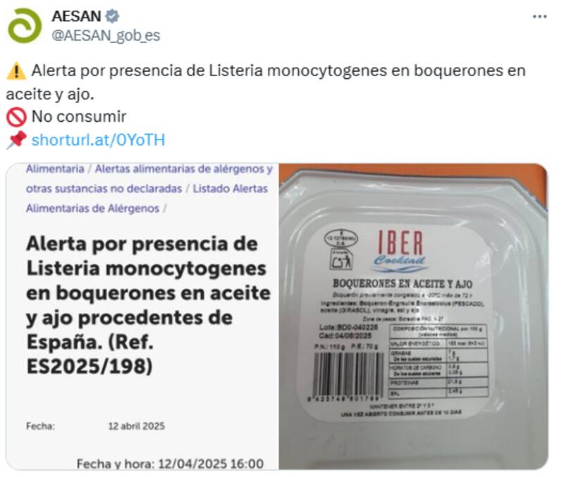 Imagen: cuenta oficial de X de la Agencia Española de Seguridad Alimentaria y Nutrición (AESAN).