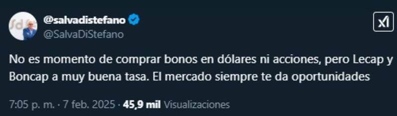 Por el contexto internacional, Di Stefano consideró poco oportuno apostar a los bonos o acciones en dólares