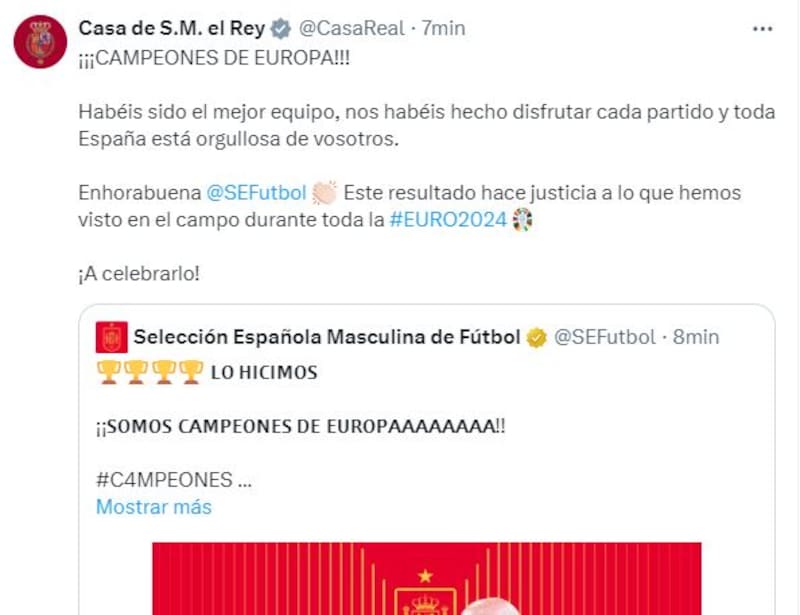 El saludo de la realeza española tras el triunfo de la roja. (Foto: X).