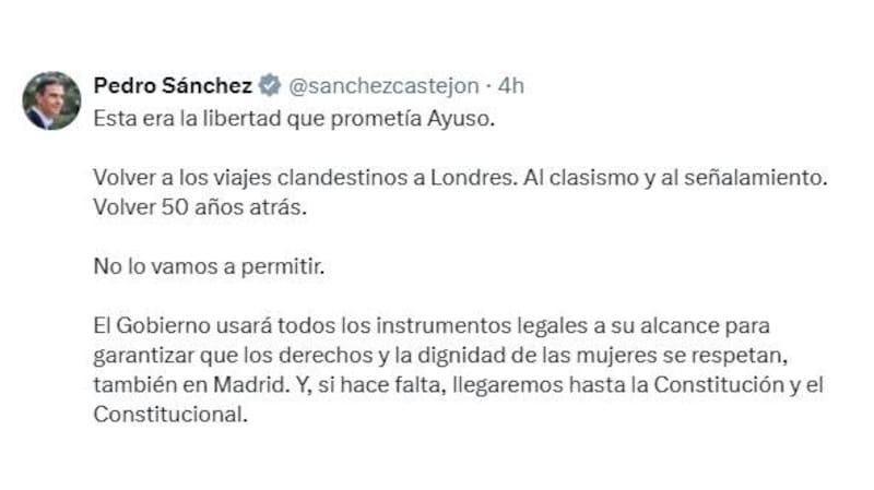 El mensaje que publicó Pedro Sánchez a través de su cuenta de la red social X (Fuente: X @sanchezcastejon)