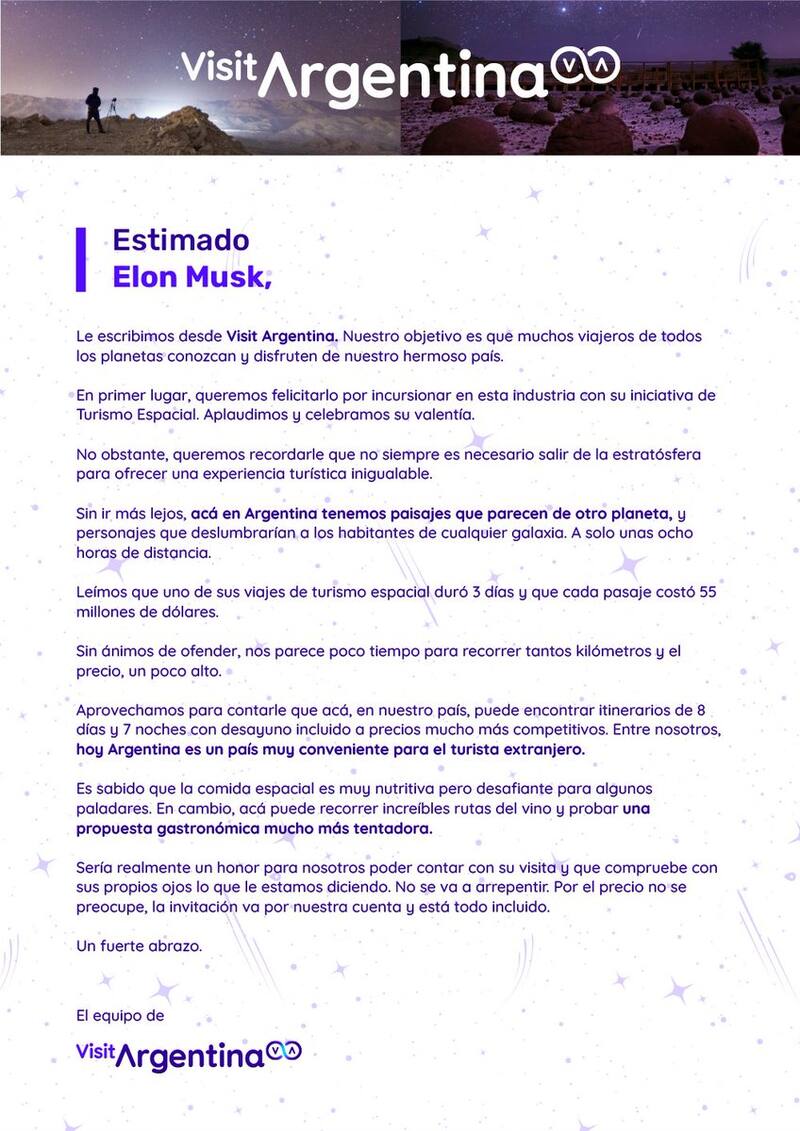 La carta completa de Visit Argentina a Elon Musk.