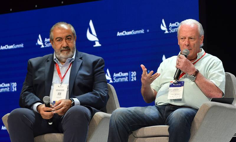 Daer y Rodríguez ayer en el AmCham Summit 2024. (NA/Juan Vargas)