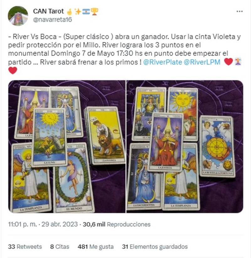 Can Tarot pronosticó que River le ganará a Boca.