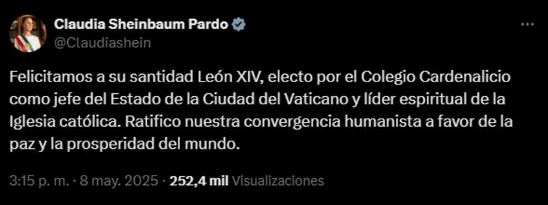 El mensaje de Claudia Sheinbaum por el Papa León XIV. Foto: Captura de pantalla X.