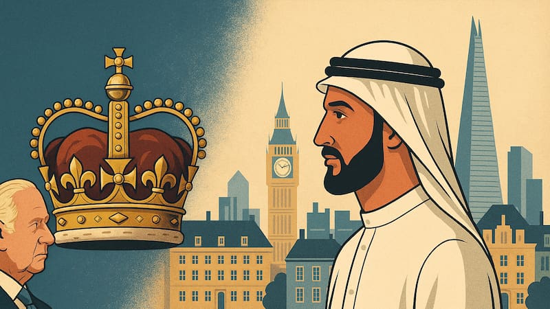 Ilustración conceptual del pulso de poder en Londres: la Corona británica frente a la creciente influencia inmobiliaria árabe.