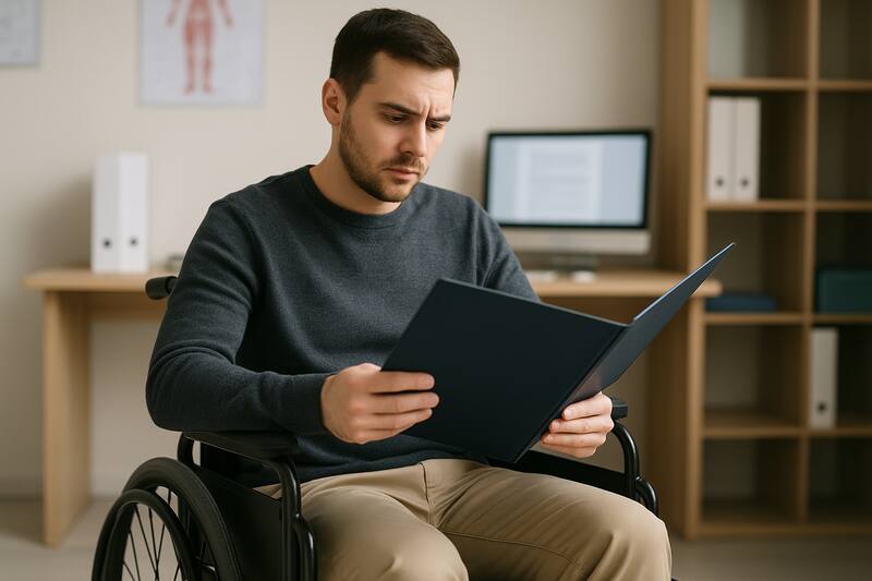 Un trabajador en silla de ruedas revisa documentos médicos relacionados con su incapacidad laboral. (Imagen: ChatGPT)