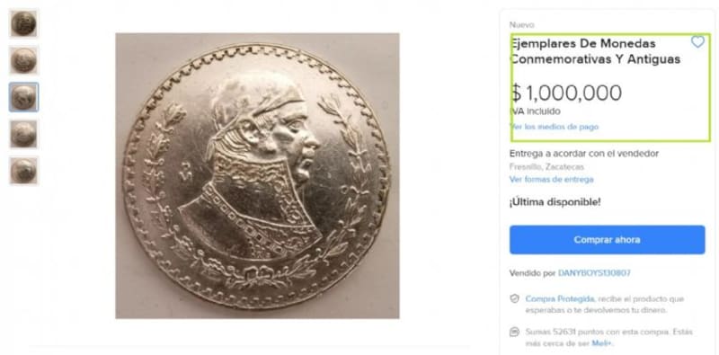 La moneda de 1 peso que se ofrece a 1,000,000 de pesos es la de Morelos Cachetón. Foto: Mercado Libre