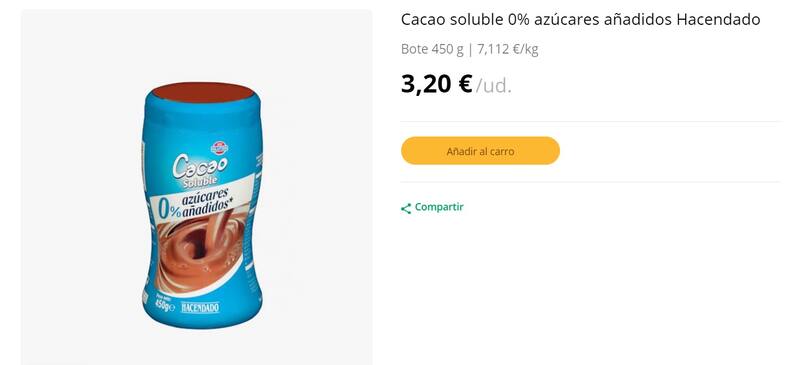 Adiós El Corte Inglés: el cacao de la marca Hacendado fue elegido como el mejor de todos por la OCU. (Foto: www.mercadona.es).