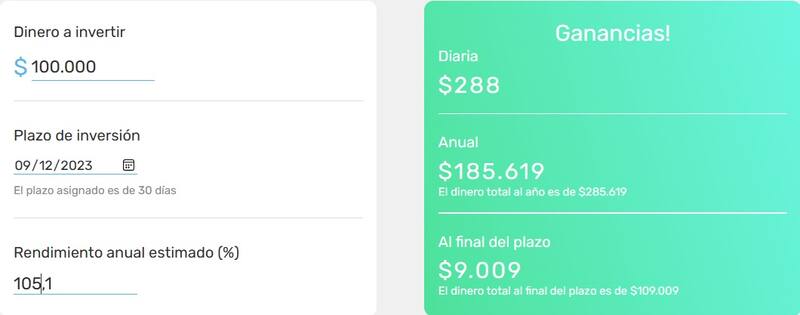 Este es el cálculo para saber cuál es la ganancia que genera Mercado Pago con una inversión de $ 100.000. (Fuente: Captura Calculadora Mercado Pago)