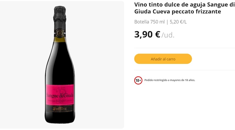 Vino tinto dulce de aguja Sangue di Giuda Cueva peccato frizzante. Fuente: Archivo