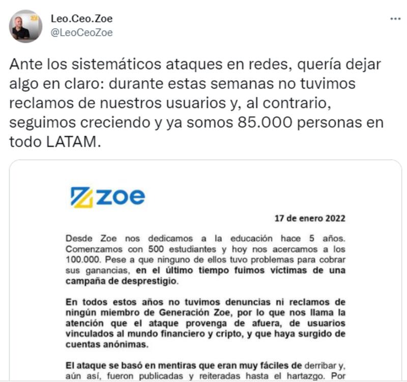 Cositorto denunció una campaña en contra de Zoe basada en las redes sociales. Sobre el final de la semana pasada comenzó a informar dificultades para la renovación de inversiones.