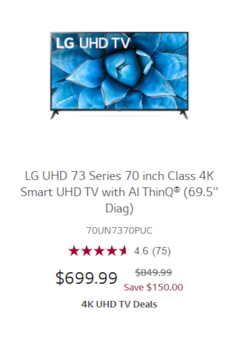 Precio internacional del televisor UHD de 70 pulgadas.