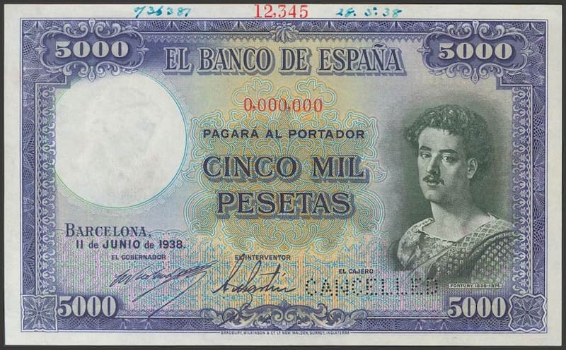El billete de 5000 pesetas de 1938 es un objeto de colección (Fuente: Ibercoin)