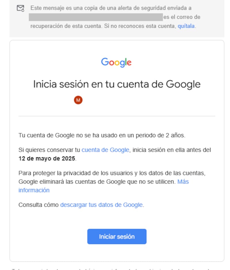 La advertencia de Google a los usuarios de Gmail. Se las envía a la cuenta que tienen registrada como principal.