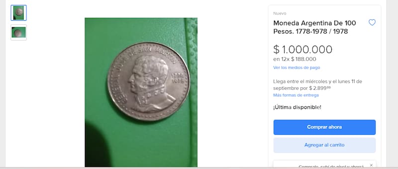 Moneda de colección Argentina. (Fuente: captura de Mercado Libre)