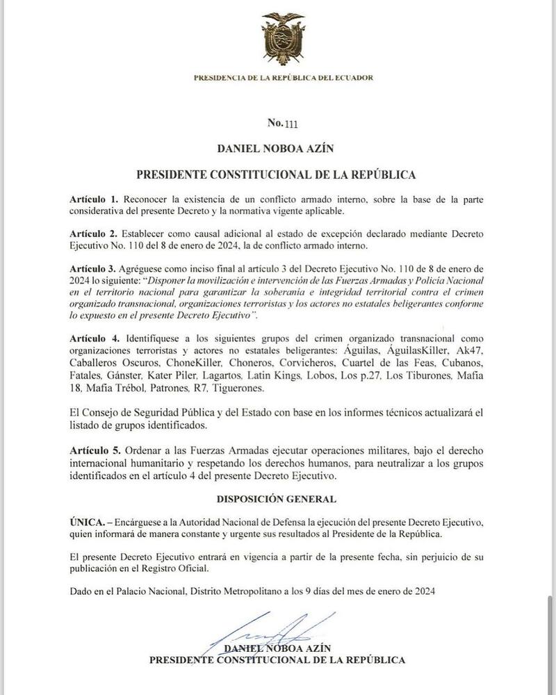 Decreto ejecutivo declarando Conflicto Armado Interno. Fuente: DanielNoboaOk.