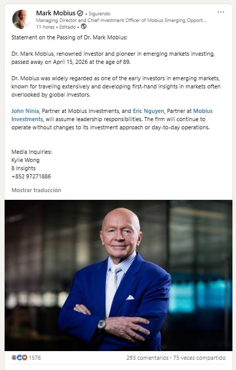 Murió Mark Mobius, líder por 30 años del fondo Templeton, conocedor del mercado argentino