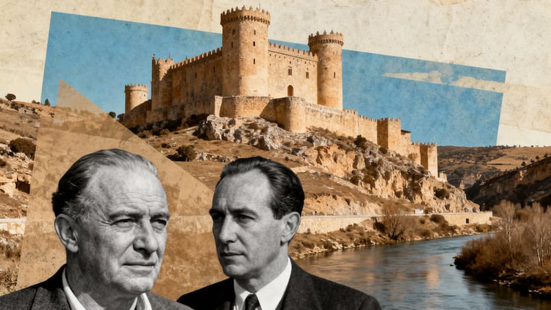 Ernest Hemingway y John Dos Passos, figuras universales de la literatura, frente al castillo medieval de Fuentidueña de Tajo y el río que fue testigo de su amistad y su desencuentro.