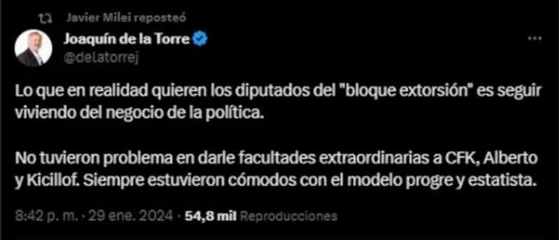 El tuit reposteado ayer por el presidente Javier Milei. (Captura)