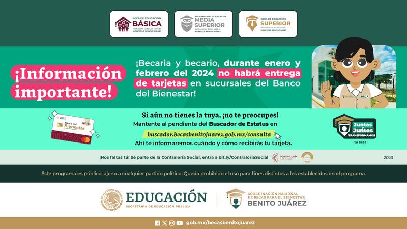 Para estar pendiente de las comunicaciones oficiales de la CNBBBJ y la Secretaría de Bienestar, además de saber cuándo retirar tu tarjeta de la beca Benito Juárez 2024, debes ingresar en el Buscador de Estatus del sitio web oficial del programa. Foto: red social X @BecasBenito