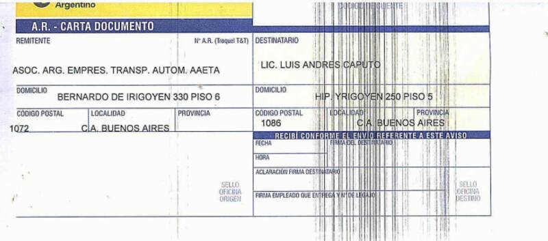 Carta documento de las empresas de colectivos a Caputo