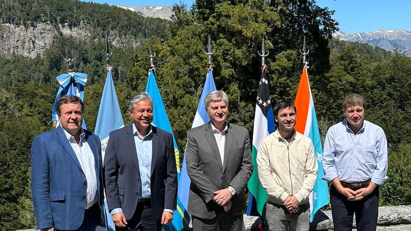 Los gobernadores Alberto Weretilneck; Rolando Figueroa; Sergio Ziliotto; Ignacio Torres y Gustavo Melella en Villa La Angostura