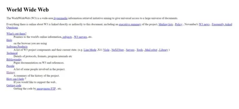 Así se ve la primera página web de la historia. (Imagen: captura de pantalla de https://info.cern.ch/)