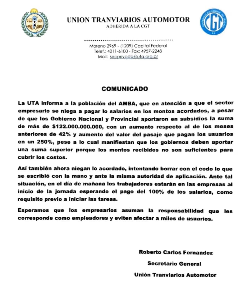 El comunicado de UTA.