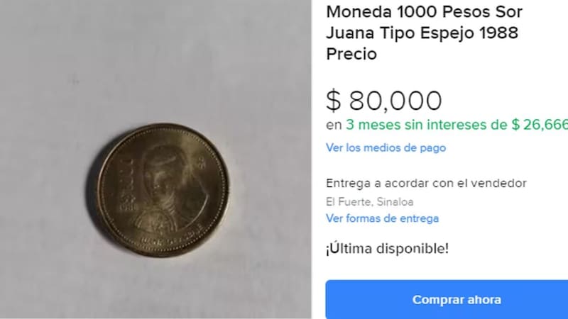 La moneda de Sor Juana Inés de la Cruz por la que piden hasta 80,000 pesos es antigua y fue puesta en circulación por el Banco de México (Banxico) en 1988. Actualmente está desmonetizada. Foto: Mercado Libre