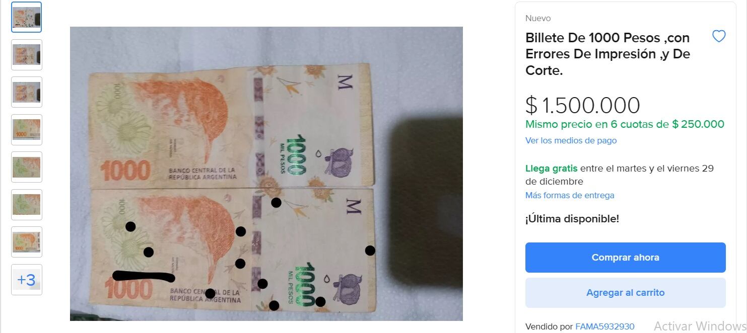 El billete de $ 1000 que se vende por la impresionante suma de $ 1.000.000  en Mercado Libre - El Cronista