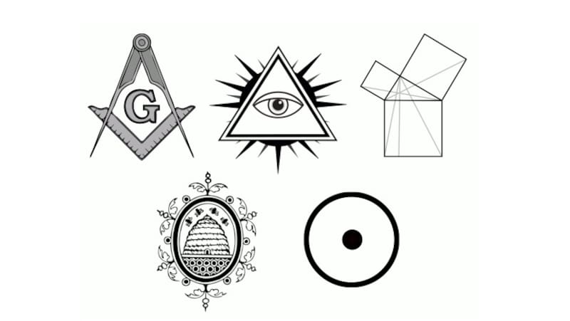 Escuadra y compás, Ojo que todo lo ve, La proporción 47 de Euclides, La Colmena, Punto dentro de un círculo. Fuente: Simboloteca.