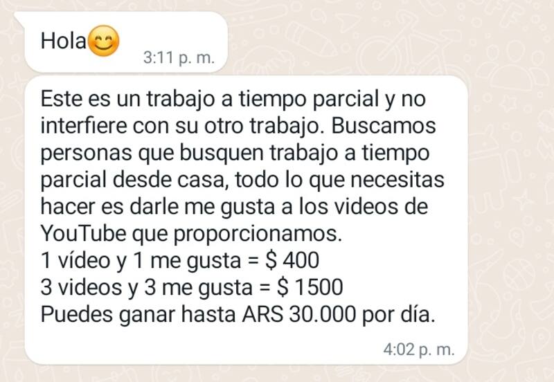 Estafa por WhatsApp: así es uno de los mensajes que están llegando a los usuarios argentinos.