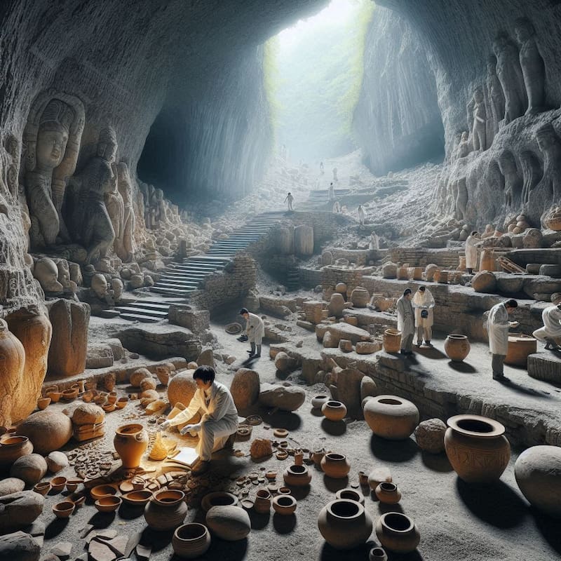 Ilustración de un yacimiento arqueológico de China. Fuente: Bing AI.