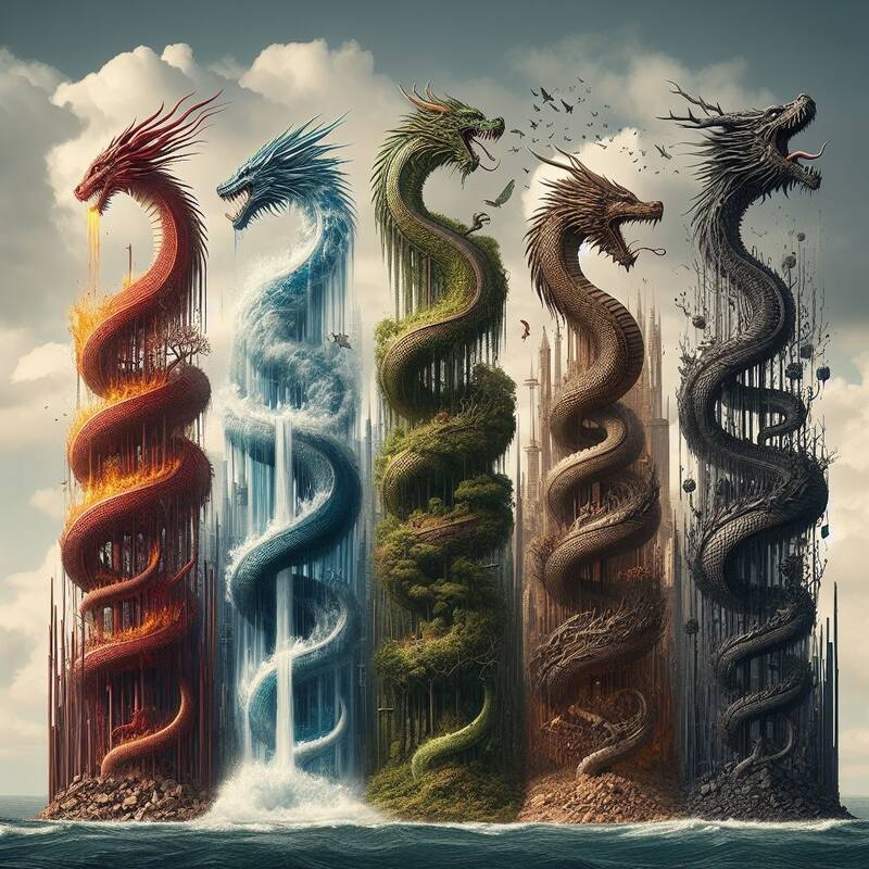 Los dragones y sus elementos. Fuente: Bing AI.
